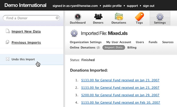 Undoing an import with Donor Tools